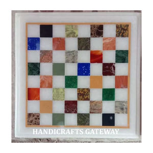 Mesa de Ajedrez de mármol blanco colorida hecha a mano con superficie lisa y brillante forma cuadrada utilizada para jugar al ajedrez en el hogar de lujo - Product Image 1