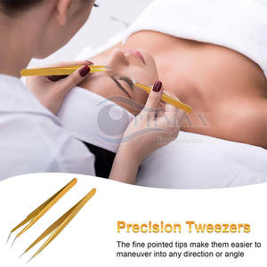 Pinzas para pestañas con acabado dorado Herramienta de extensión de pestañas profesional para técnicos de salón Pinzas para pestañas recubiertas de oro Premium - Product Image 6