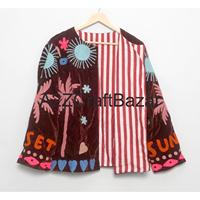 Chaqueta de Terciopelo con Bordado Suzani para Mujer, Diseño Floral, Tejido Transpirable para Otoño, Invierno y Primavera, Decoración con Logotipo