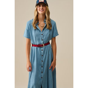 Vestido Maxi Azul Claro de Tela Tencel con Detalle de Botones, Cintura Drapeada y Diseño con Abertura, para Oficina y Fiestas, Talla XS, ODM - Product Image 4