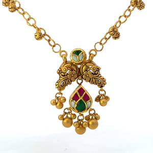 Collier double paon antique en or 22 carats, bijoux fins traditionnels Meenakari - Product Image 4