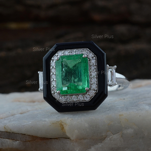 Bague en or blanc naturel 18 carats Bague en pierre précieuse d'onyx noir émeraude disponible au prix de gros - Product Image 5