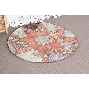 พรมหญ้าทะเลสไตล์ตุรกีสีส้มวินเทจขนาดใหญ่ทรงสี่เหลี่ยมผืนผ้า3.4 x 3.3ft ขนสัตว์เย็บปะติดปะต่อกันแบบดั้งเดิมสำหรับโถงทางเดินของห้องวัยรุ่น - Product Image 2