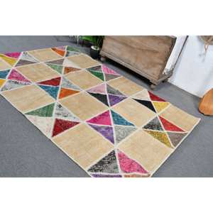 พรมตุรกีโบราณที่ทันสมัย5.2x7.7ft สีเบจคลาสสิกรูปสี่เหลี่ยมผืนผ้าการออกแบบการเย็บปะติดปะต่อกันสำหรับห้องนั่งเล่นห้องนอนขนแกะโพลีเอสเตอร์ - Product Image 5