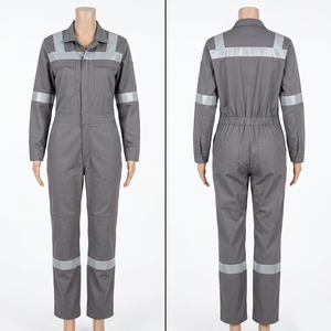 Overol reflectante gris para mujer, uniforme de 245 g/m², diseño de paneles de sarga de algodón y poliéster, logotipo personalizado con bordado e impresión, uniforme completo. - Product Image 1