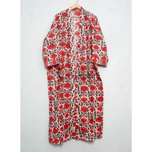 Women's 100% Cotton Free Size Floral Indian Dressing Gown Robe Hand Block red floral Kimono Bathrobe Adjustable <b>Belt</b> for Autumn - Product Image 1