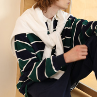 Pull décontracté respirant à manches longues pour homme, style rugby, rayé, coupe ample, en tricot teint en fil, idéal pour le quotidien