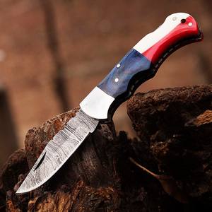 Nuevo cuchillo de regalo hecho a mano personalizado de acero de Damasco con bloqueo trasero, cuchillo de bolsillo plegable, mango de bandera americana con Funda de cuero - Product Image 3