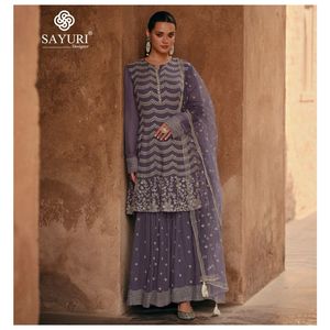 Traje Sharara de Seda Chinon con Bordado Pesado y Lentejuelas de Última Moda de Fab Zone, Traje Étnico Pakistaní para Festivales, Sari Salwar Indio - Product Image 5