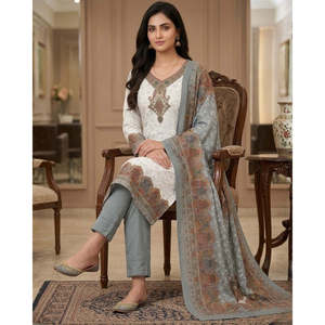 P L INDUSTRIES Casual Style Grey Chiffon Printed Chikankari Eco-Friendly Women Unstitched V-neck Above Knee Suit Set - Product Image 5