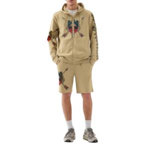 Ensemble de survêtement décontracté 2 pièces pour homme : sweats à capuche zippés en coton tricoté et shorts de jogging respirants d'été, avec logo personnalisé - Product Image 1