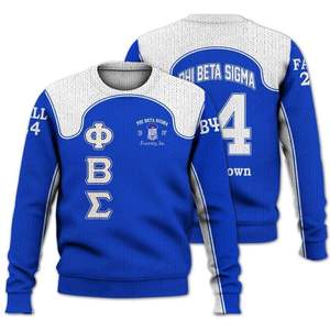 Phi Beta Sigma Fraternity 1914 Suéter de punto acrílico Letras griegas Azul Blanco Chenille Sigma Beta Suéter Ropa - Product Image 1