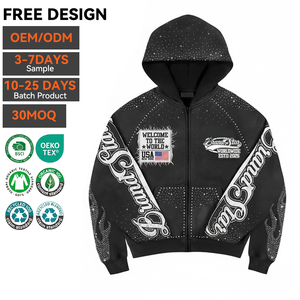 Sweat à capuche pour homme Y2K Streetwear, en molleton épais 100% coton, coupe oversize, avec design graphique, impression de logo personnalisé et fermeture éclair à strass - Product Image 2