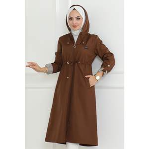 Manteau trench long à capuche et fermeture éclair pour femme, couleur beige, tissu tissé, doublure 100% coton, rembourrage en coton, usage quotidien, Mega Merchant 19205 - Product Image 2