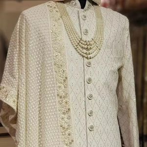 NEW--ELEGANT ZARI EMBROIDERY on STYLISH GROOM SHERWANI,<b>PANT</b> & MATCHING SHOE WITH EMBELLISHED CRYSTAL GLASS BEADS,DABKA WORK@2024 - Product Image 1