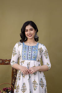 Vestido Maxi de Algodón con Estampado Floral Étnico Indio, Estilo Bohemio con Estampado y Mangas Largas, Conjunto Casual Kurta para Mujer - Product Image 4