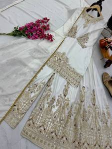 Ethenic Series Plazzo Sharara Salwar Kameez with <b>Top</b> and Supatta Heavy Wedding Wear for Modern Party <b>Festive</b> Season CHINON SILK - Product Image 6