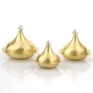 Ensemble de 3 bols à dattes en acier inoxydable plaqué or, écologiques, modernes et luxueux, avec couvercle, forme ronde, plat de service pour aliments, utilisation pour mariage - Product Image 1