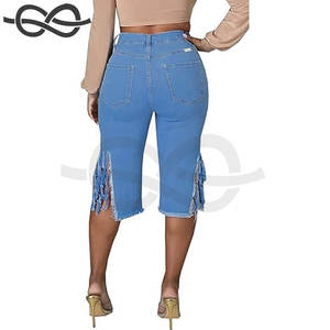 Pantalones cortos de mezclilla rasgados para mujer Cintura alta Elástico Deshilachado Crudo Dobladillo Borlas Bermudas de mezclilla Moda de verano - Product Image 5
