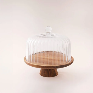 Wooden <b>Cake</b> <b>Stand</b> with Glass <b>Dome</b> Cover for Sweets and Dessert Display for Eid Home Display Arabic Style Decoration - Product Image 1