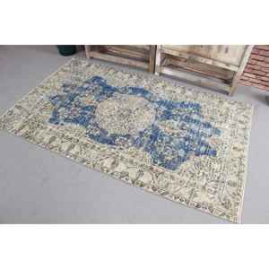 Alfombra Turca Vintage, Alfombra Extra Grande de 3.1x6.3 pies (94x193 cm), Alfombra de Lana con Rayas Azules - Product Image 2