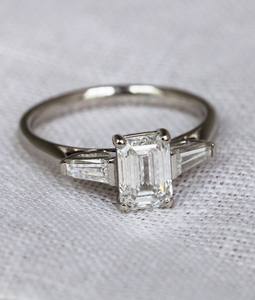 10x7mm <b>Emerald</b> Cut White CZ Three Stone Engagement <b>Ring</b> with Baguette Side Stones <b>Silver</b> Bridal Wedding Anniversary Jewelry - Product Image 3