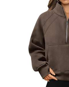 Sweat-shirt à capuche en polaire surdimensionné à demi-zip marron pour femme, pull chaud d'hiver, poche kangourou, streetwear décontracté - Product Image 4