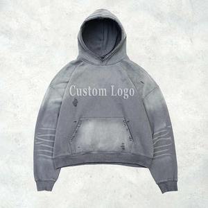Ropa de calle de lavado ácido desgastado de algodón pesado, fabricantes de ropa, sudaderas con capucha personalizadas cuadradas recortadas de gran tamaño para hombres - Product Image 3