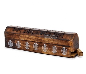 100% Natural Mango Wood Hand Carved Hand Of Hamsa Printed <b>Incense</b> Sticks <b>Box</b> Burners/Holders Wholesale Eco Friendly From India - Product Image 1