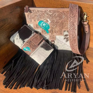 Nueva llegada Exclusivo hecho a mano occidental Tooled bolso de cuero de vaca y piel de embrague Combo conjuntos elegante bolso de noche para las mujeres - Product Image 1