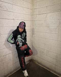 OEM Custom Mens Streetwear Tracksuit Acid Wash <b>Rhinestone</b> Hoodie & Sweatpants Set Sun Faded Oversized Sweatsuit - Product Image 1