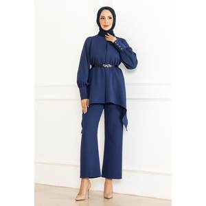 Ensemble décontracté deux pièces indigo MSW19001-2 Hauts longs mi-longueur et pantalons Col rond Manches longues Coupe classique Tissu 100% polyester Tailles XXL XL - Product Image 1