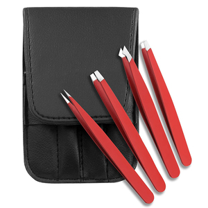 Kit de Pinzas para Cejas de Acero Inoxidable de la Mejor Calidad, Color Rojo, Punta Curva Metálica Recubierta, Incluye Estuche - Product Image 1