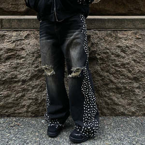 Jeans vintage streetwear pour homme, taille haute, design personnalisé avec pierres précieuses, denim délavé, style hip-hop - Product Image 5