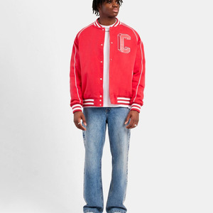 Chaqueta universitaria con cierre de botón de Color rojo con logotipo y diseño personalizado para hombre, botón bombardero universitario de béisbol Letterman de lana gruesa - Product Image 1