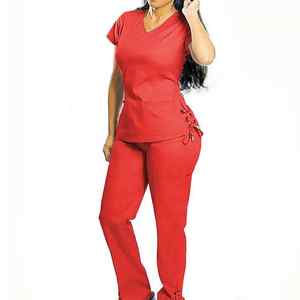 Ensemble de gommages médicaux pour femmes infirmières ultra doux 95% Polyester 5% Spandex Tissu col en V Zip Scrub Top avec 4 poches Pantalon à cordon - Product Image 4