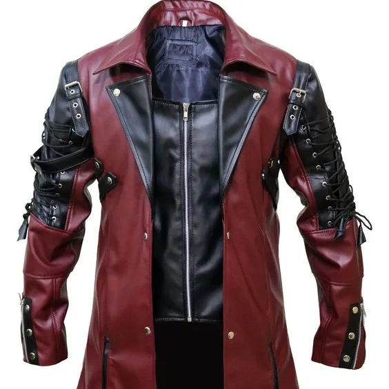Men Real Black and Red Leather Goth Matrix Trench Coat Steampunk long jacket