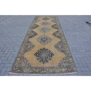 Vintage Turkish Rug Classic Yellow Black 4.7 X 12.8ft Handmade Wool Patchwork Design for Entryway Living Rectangular Shape Latex - Product Image 1