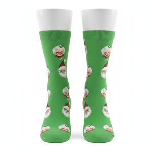 Chaussettes vertes à motifs de Noël Père Noël et Madame Noël Chaussettes de Noël festives Chaussettes de Noël vertes à motifs de personnages de Noël - Product Image 4