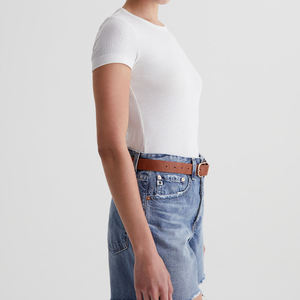 Camiseta de mujer de cuello redondo de mezcla de lyocell de algodón suave transpirable Rib-Knit Slim-Fit - Product Image 5