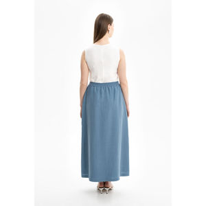 Jupe droite en lin indigo avec taille élastique respirante - Product Image 2