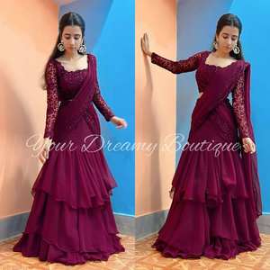 Estilo Bollywood color vino lehenga Saree choli en Faux Georgette con trabajo de secuencia de bordado para Damas Indias pakistaníes - Product Image 3