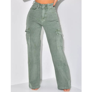 Pantalones vaqueros de mujer con múltiples bolsillos informales personalizados OEM, pantalones Cargo personalizados para mujer, pantalones de cintura alta, pantalones de pierna ancha con cremallera para mujer - Product Image 1