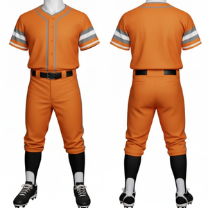 Uniforme de Béisbol de Alto Rendimiento Color Naranja OEM, Jersey de Equipo con Botones y Detalles de Rayas en las Mangas y Pantalones Deportivos a Juego - Product Image 1
