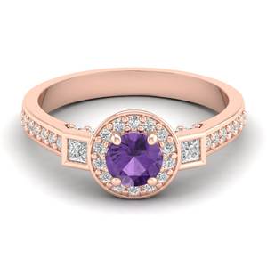 Anillo de Oro Sólido de 14K de Primera Calidad REYES con Gema de Amatista de Corte Brillante Redondo de 0.5 Quilates con Moissanita para Mujer, Joyería Fina - Product Image 5