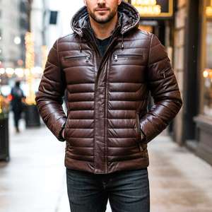 Men's Handmade Black Puffer Leather <b>Jacket</b> Stand Collar Winter <b>Canvas</b> Breathable Vintage Solid Pattern Casual Style Front Logo - Product Image 4