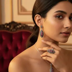 Ensemble de bijoux en argent 925 avec rubis, diamants et zircon, boucles d'oreilles, bague et pendentif plaqués or vintage, cadeau pour femme pour une fête - Product Image 3