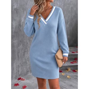 Vestido Corto con Cuello en V y Manga Larga para Mujer, 38497 - Azul - Product Image 1