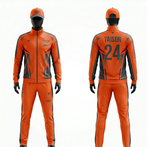 Ensemble de survêtement de badminton pour homme en polyester et élasthanne 220 GSM, orange et noir avec empiècements contrastés, logo personnalisé par sublimation. - Product Image 1