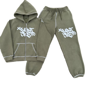 Ensemble de survêtements rayés avec logo personnalisé pour hommes pantalon de survêtement zippé et sweat à capuche style street décontracté d'hiver à motif uni - Product Image 1